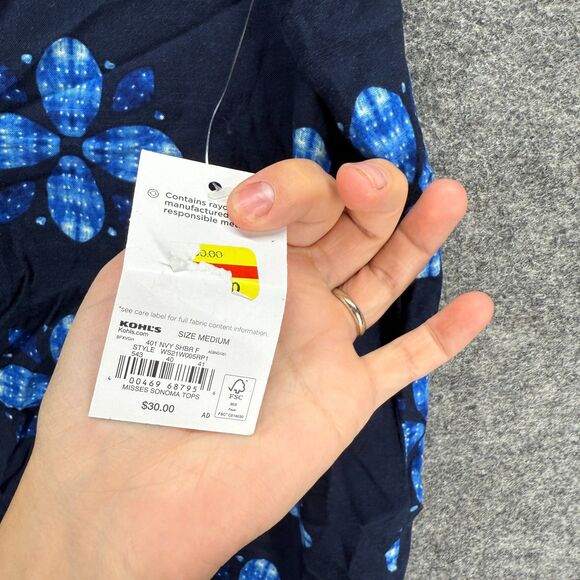 New Sonoma Blouse Women M Medium Blue Floral V-Neck Sleeveless Wide Strap Rayon - Picture 5 of 9